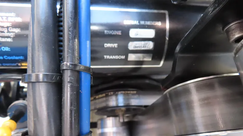  Yacht Photos Pics Close-up of a 2007 Fountain 42 Lightning engine components and serial numbers.