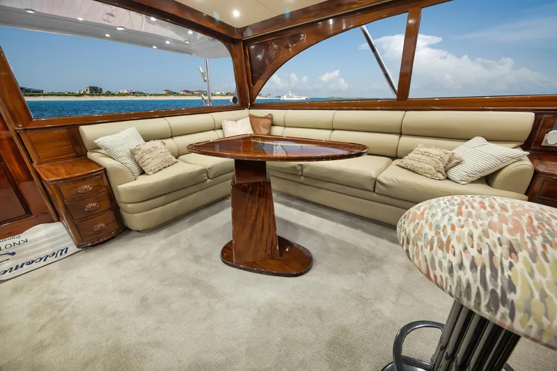 Knot Now Yacht Photos Pics Luxurious 1997 Miller Marine Custom Carolina yacht interior with elegant seating and ocean view.