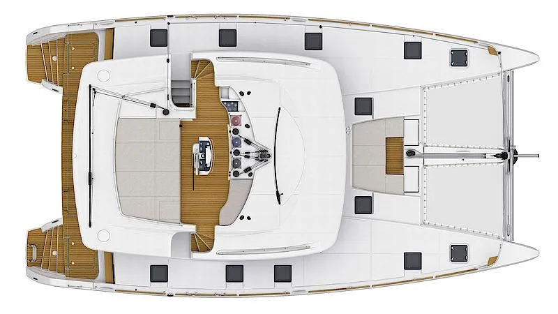  Yacht Photos Pics Top view of a 2015 Lagoon 52 F catamaran layout, showcasing deck and cabin design.