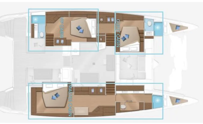  Yacht Photos Pics Floor plan of 2015 Lagoon 52 F catamaran with VIP, guest, and master cabins.