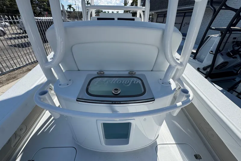  Yacht Photos Pics 2026 Yellowfin 26 Hybrid boat interior with storage compartment and sleek design.