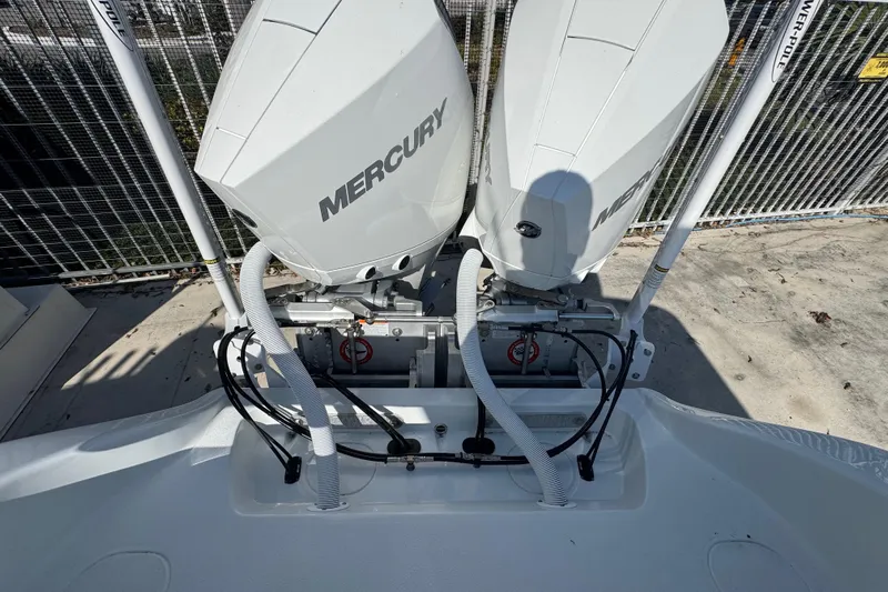  Yacht Photos Pics Twin Mercury outboard engines on a 2026 Yellowfin 26 Hybrid boat.