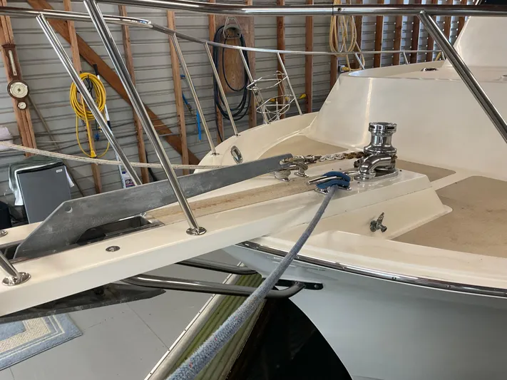  Yacht Photos Pics Nordic Pilothouse 1991 boat anchor system in a storage facility.