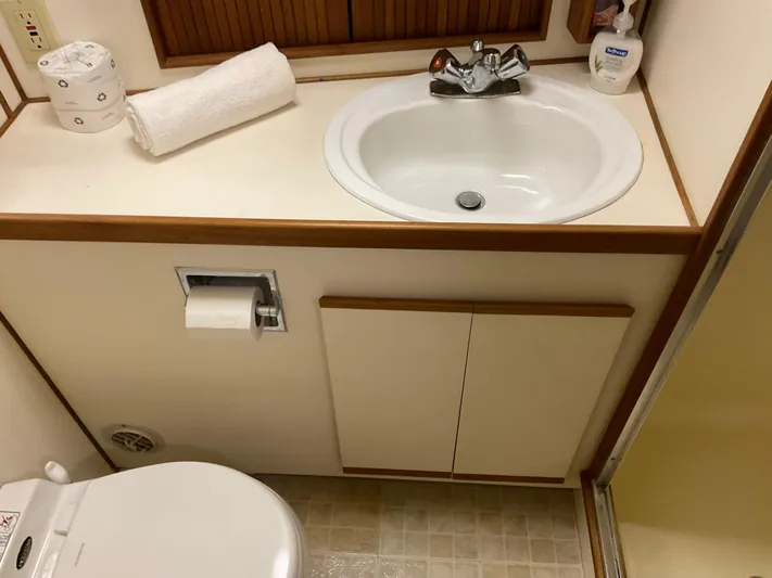  Yacht Photos Pics 1991 Nordic Pilothouse bathroom with sink, toilet, and toiletries.