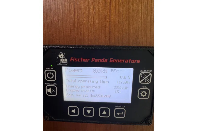  Yacht Photos Pics Fischer Panda generator display on 2024 Back Cove 34O boat, showing power and operating stats.