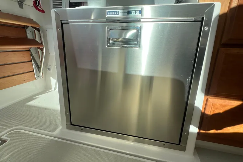  Yacht Photos Pics Stainless steel appliance on 2024 Back Cove 34O boat interior.