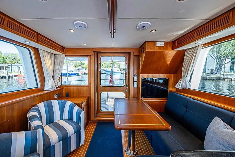 Hayride Yacht Photos Pics Luxurious interior of 2013 Grand Banks 43 Europa yacht with elegant wood finish and seating.