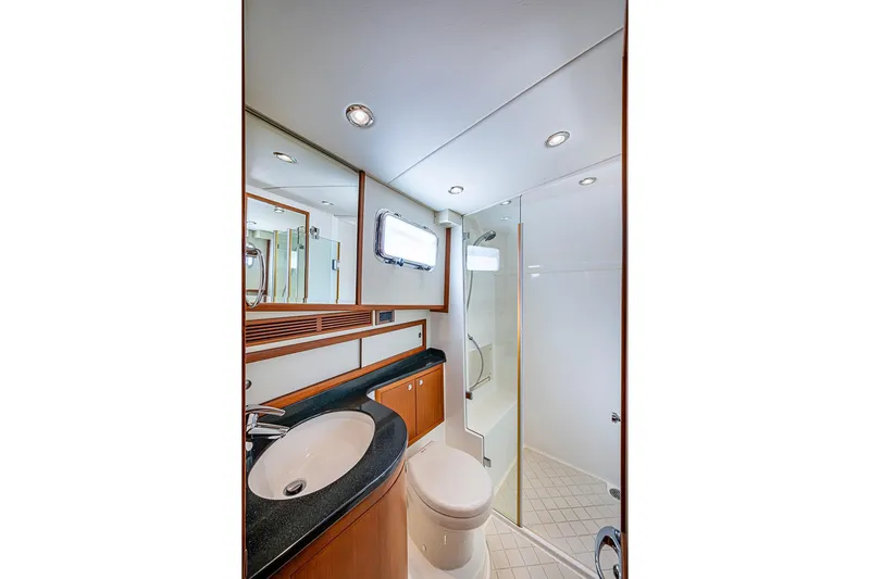 Hayride Yacht Photos Pics Luxurious bathroom in 2013 Grand Banks 43 Europa yacht with modern fixtures and elegant design.