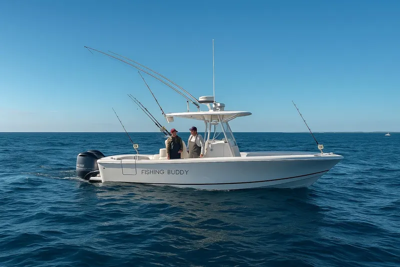  Yacht Photos Pics 2017 Regulator 31 boat named "Fishing Buddy" on open sea with fishing rods.