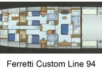 Floor plan of a 2004 Ferretti Custom Line 94 yacht, showcasing interior layout.