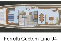 Plan view of 2004 Ferretti Custom Line 94 yacht interior layout.
