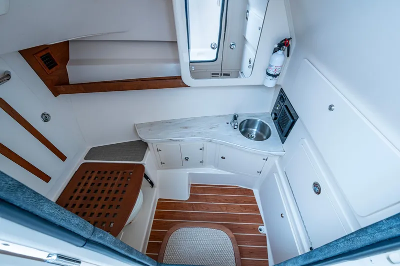  Yacht Photos Pics 2017 Grady-White Freedom 335 cabin interior with sink, wood accents, and storage.
