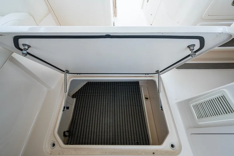  Yacht Photos Pics Open storage compartment on 2017 Grady-White Freedom 335 boat, featuring a black mat.