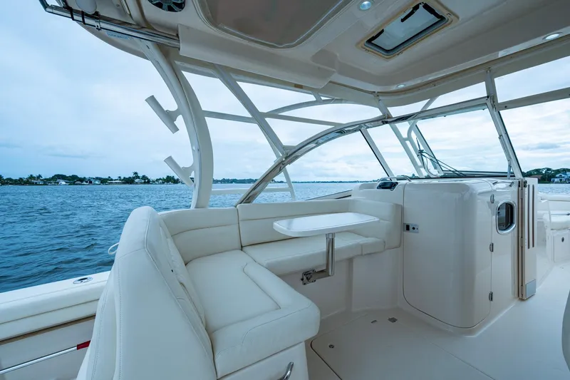  Yacht Photos Pics 2017 Grady-White Freedom 335 boat interior with seating and ocean view.