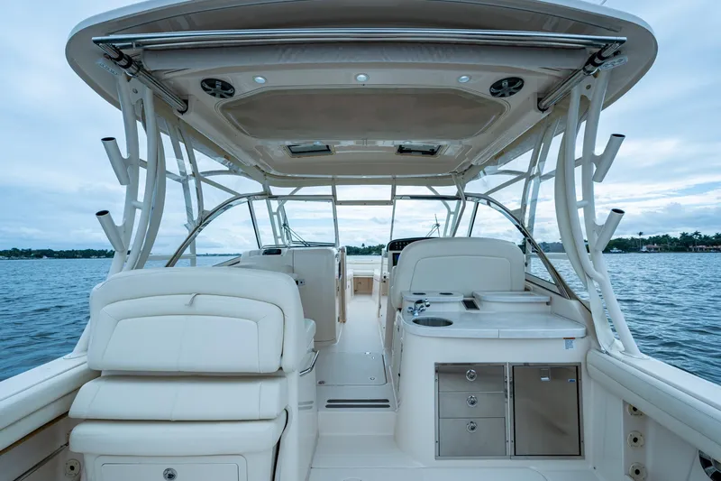  Yacht Photos Pics 2017 Grady-White Freedom 335 boat interior with seating and ocean view.
