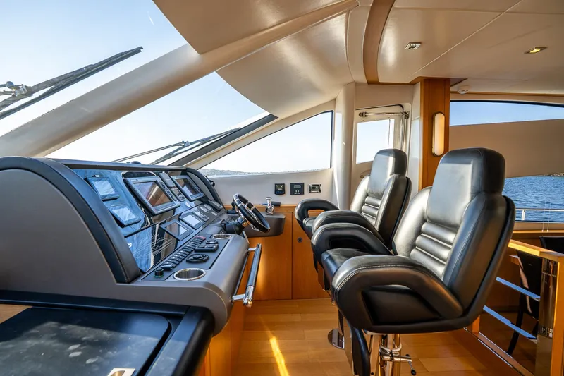 Just For Fun Yacht Photos Pics Luxurious Sunseeker Manhattan 73 yacht interior, 2011 model, featuring sleek control panel and leather seating.