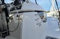 Leopard 45 catamaran, 2019 model, featuring steering wheel and deck details at marina.