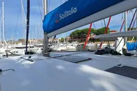 Leopard 45 catamaran docked in marina, 2019 model, with Sailitalia branding.