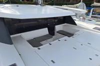 Leopard 45 catamaran deck, 2019 model, featuring spacious seating and sleek design.