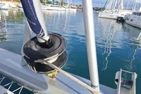 Close-up of a 2019 Leopard 45 sailboat's rigging system in a marina.