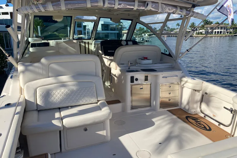  Yacht Photos Pics 2024 Grady-White Freedom 375 boat interior with luxurious seating and modern amenities.
