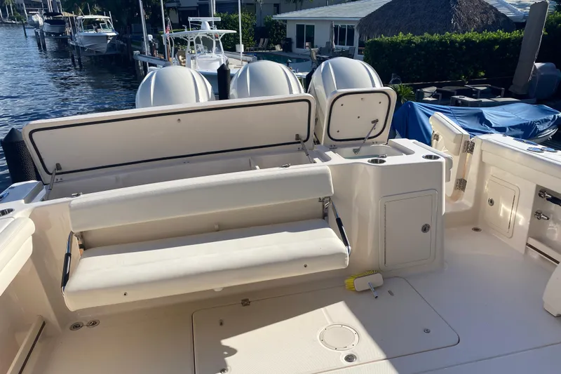  Yacht Photos Pics 2024 Grady-White Freedom 375 boat interior with seating and storage compartments.