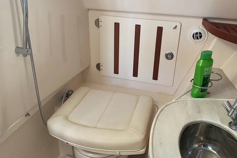  Yacht Photos Pics 2024 Grady-White Freedom 375 boat bathroom with shower, sink, and toiletries.