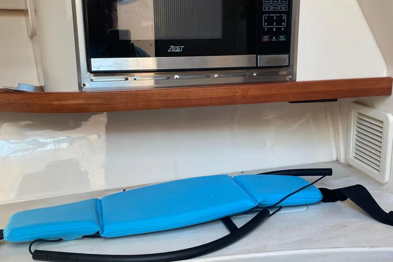  Yacht Photos Pics 2024 Grady-White Freedom 375 interior with microwave and blue cushion.