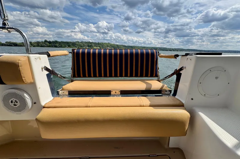  Yacht Photos Pics 2014 Cutwater C30 Sedan NW boat interior with striped seating, lake view, and cloudy sky.