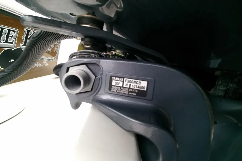  Yacht Photos Pics Close-up of Yamaha motor part on 2024 Parker 2820 XLD Sport Cabin boat.