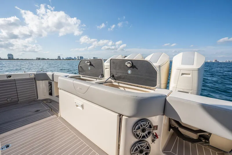 Dealership II Yacht Photos Pics 2023 Scout 530 LXF boat deck with ocean view and modern features.