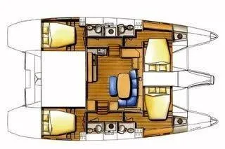  Yacht Photos Pics 2008 Lagoon 420 catamaran layout with cabins, bathrooms, and central living area.