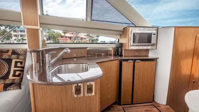 Panache Yacht Photos Pics Interior of 2016 Meridian 391 Sedan yacht with modern kitchen amenities.