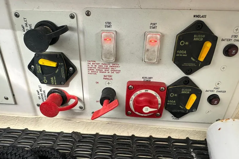 Oceanholic Yacht Photos Pics Control panel of a 2018 Formula 330 Crossover Bowrider with switches and circuit breakers.