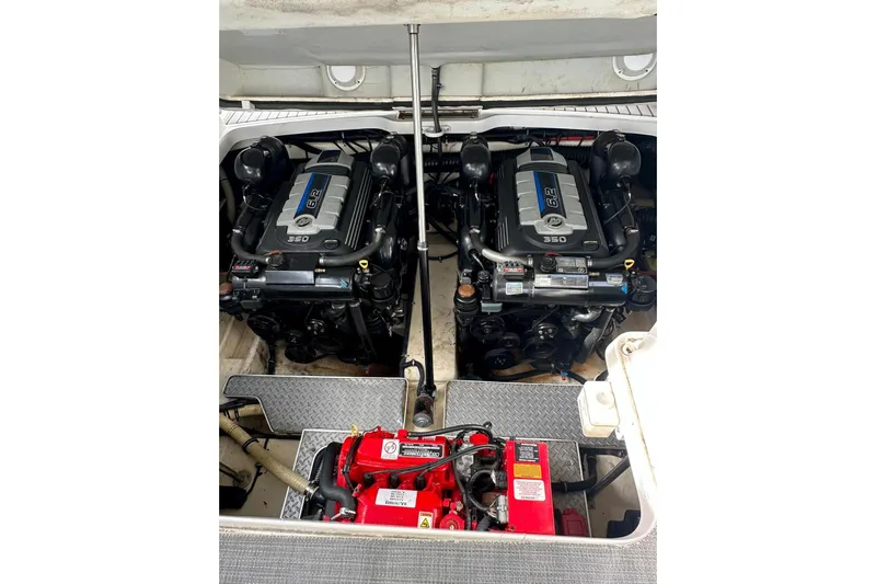 Oceanholic Yacht Photos Pics Engine compartment of 2018 Formula 330 Crossover Bowrider with dual 350 engines.