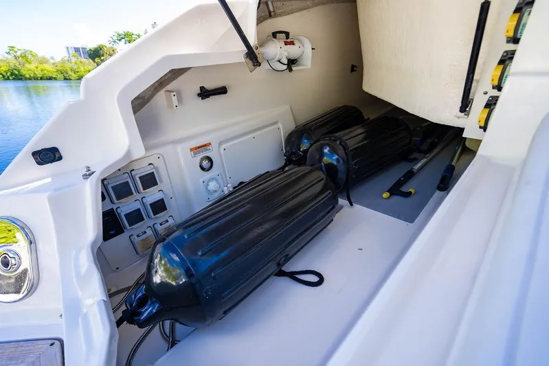 Sobe III Yacht Photos Pics 2019 Sea Ray SLX 400 Outboard storage compartment with black fenders and equipment.