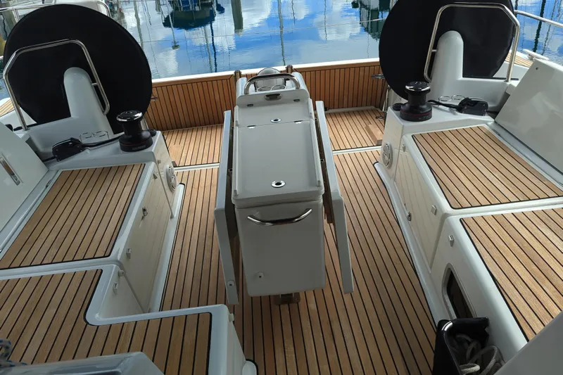 Her Intentions Yacht Photos Pics Cockpit of 2021 Jeanneau Sun Odyssey 440 with teak flooring and dual helm stations.