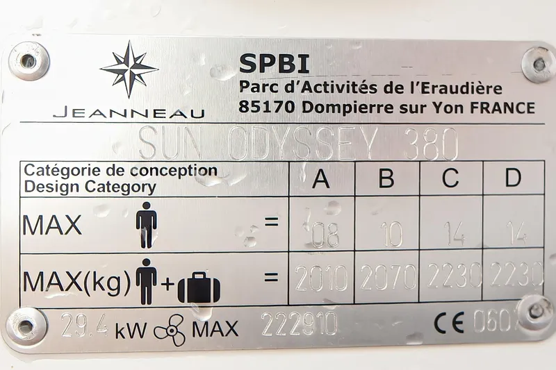 Twenty One Cent Yacht Photos Pics Plaque of 2022 Jeanneau Sun Odyssey 380, design category and capacity details.