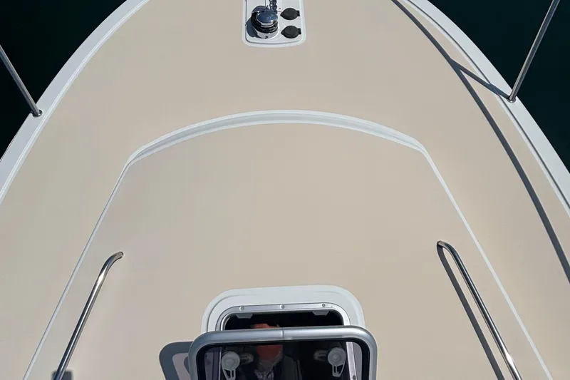 Tango Yacht Photos Pics 2006 MJM 34z Downeast boat deck with hatch and railing details.