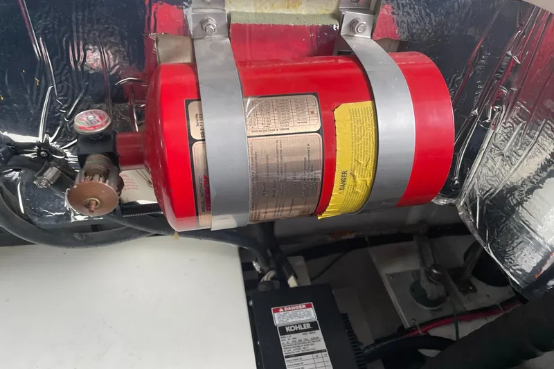  Yacht Photos Pics Engine compartment of a 2000 Carver 400 Express with a red fire extinguisher.