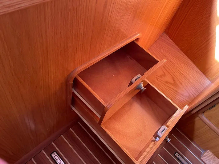 Chandelle Yacht Photos Pics Wooden interior drawers on a 2008 Alubat OVNI 435 yacht.