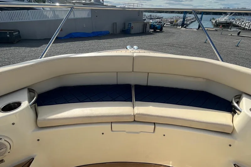  Yacht Photos Pics 2016 Chris-Craft Launch 36 boat interior with cushioned seating and cup holders.