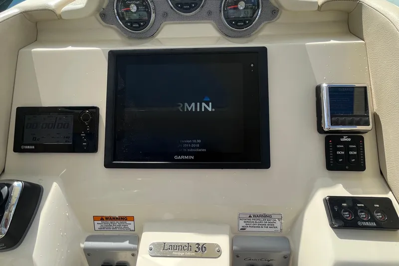  Yacht Photos Pics 2016 Chris-Craft Launch 36 dashboard with Garmin display and Yamaha controls.