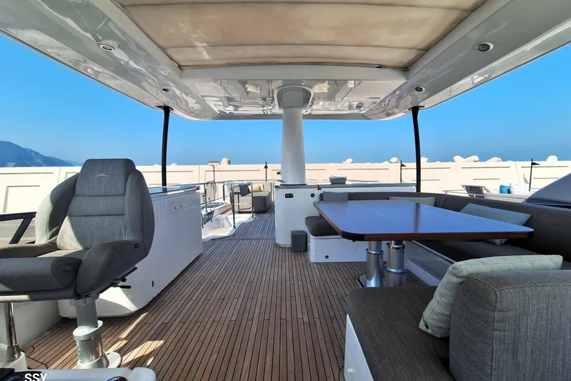 Soul Yacht Photos Pics Luxurious 2022 Azimut Magellano 66 yacht interior with seating and dining area.