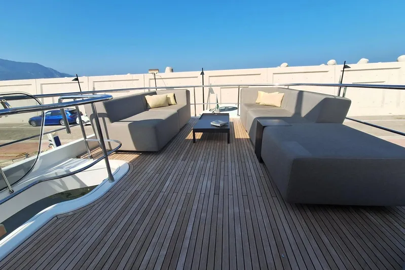 Soul Yacht Photos Pics Luxurious deck of 2022 Azimut Magellano 66 yacht with modern seating and ocean view.