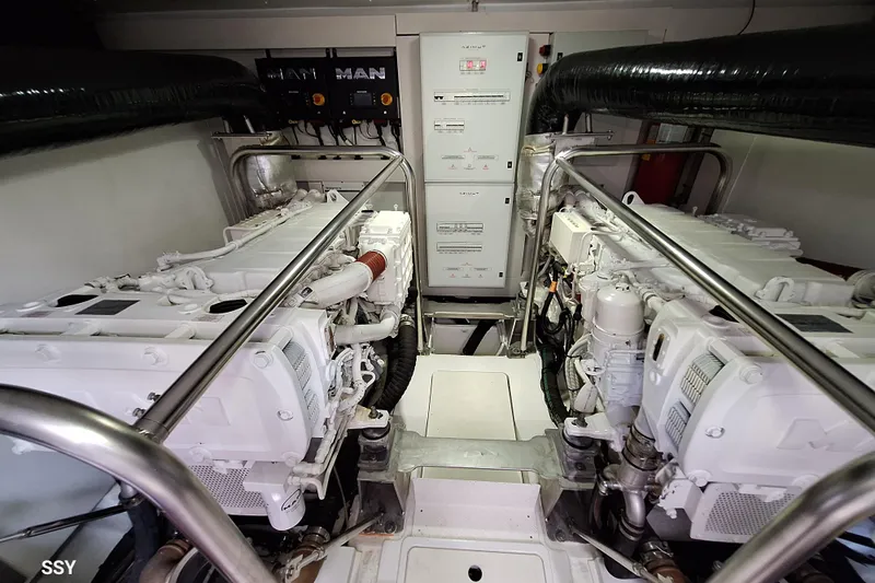 Soul Yacht Photos Pics Engine room of 2022 Azimut Magellano 66 yacht, featuring dual MAN engines.