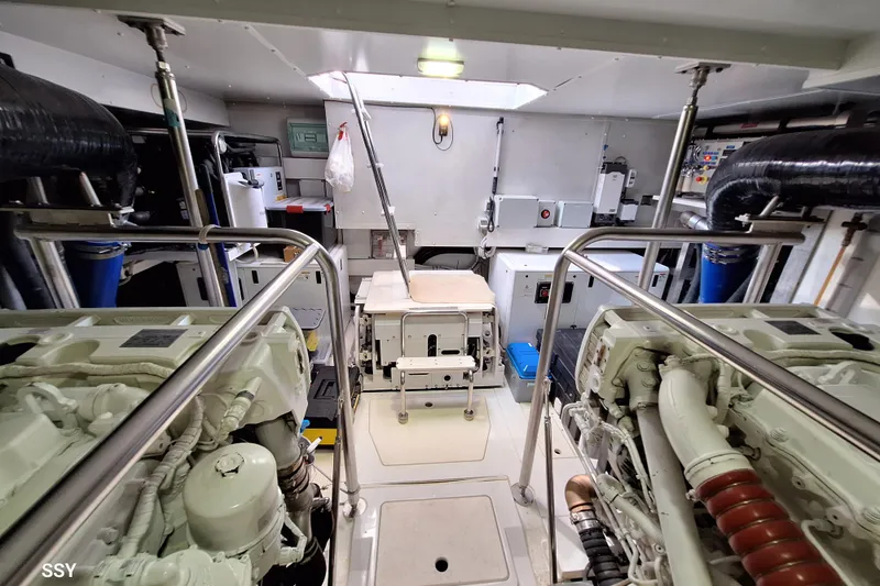 Soul Yacht Photos Pics Engine room of 2022 Azimut Magellano 66 yacht, featuring modern equipment and machinery.