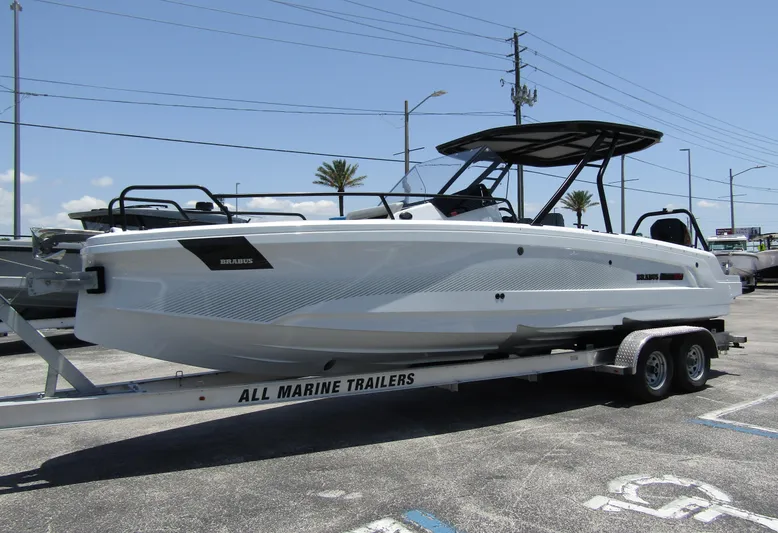 Yacht Photos Pics 2024 BRABUS SHADOW 300 CT boat on trailer, sleek design, parked outdoors.