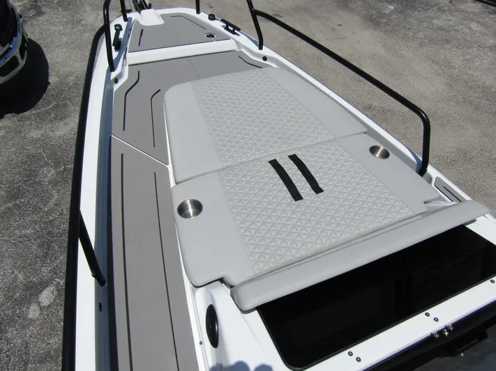  Yacht Photos Pics 2024 BRABUS SHADOW 300 CT boat deck with cushioned seating and cup holders.