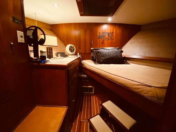Temptress Yacht Photos Pics Interior of 1971 Hatteras 58 Motor Yacht, cozy cabin with wood finish.